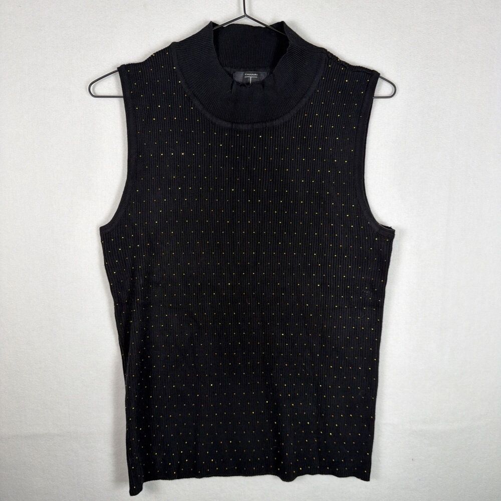 Tahari Womens Size XL Black Sequin Sparkle Mock Turtleneck Sleeveless Sweater